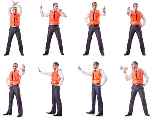 Obraz premium Businessman with rescue safety vest on white