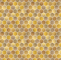 Honeycomb vector background. Seamless pattern with colored hexagons. Geometric texture, ornament of gold, white and yellow color for beekeeping business backdrop.