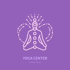 Meditation flat line icon, logo. Vector illustration of men in asana with chakra energy for yoga studio.