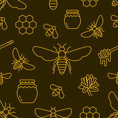 Beekeeping, bee seamless pattern yellow and black color, apiculture vector illustration. Apiary thin line icons - honeybee, honeycombs, barrel. Cute repeated texture for honey processing business.