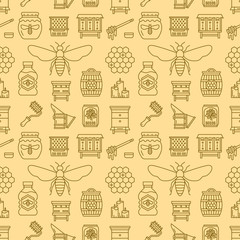 Beekeeping seamless pattern yellow color, apiculture vector illustration. Apiary thin line icons - bee, beehives, honeycombs, barrel, equipment. Cute repeated texture for honey processing business.