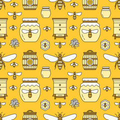 Beekeeping seamless pattern yellow color, apiculture vector illustration. Apiary thin line icons - bee, beehives, barrel. Cute repeated texture for honey processing business.