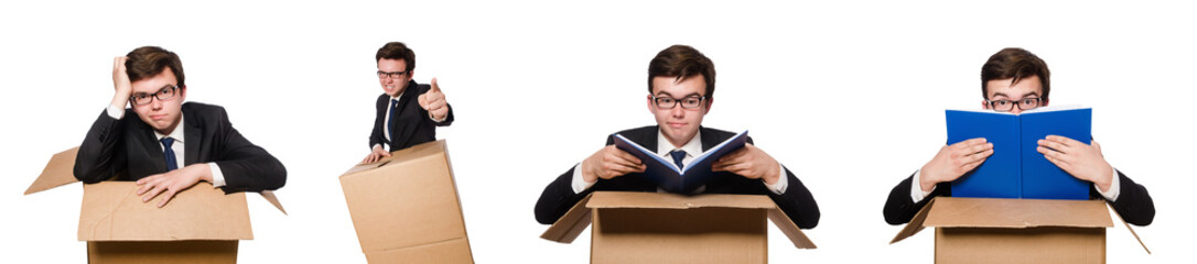 Funny man with boxes isolated on white