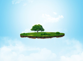 3d illustration of a soil slice, green meadow with trees isolated on light background	