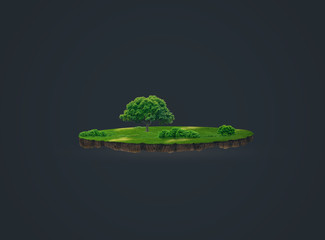 3d illustration of a soil slice, green meadow with trees isolated on dark background	