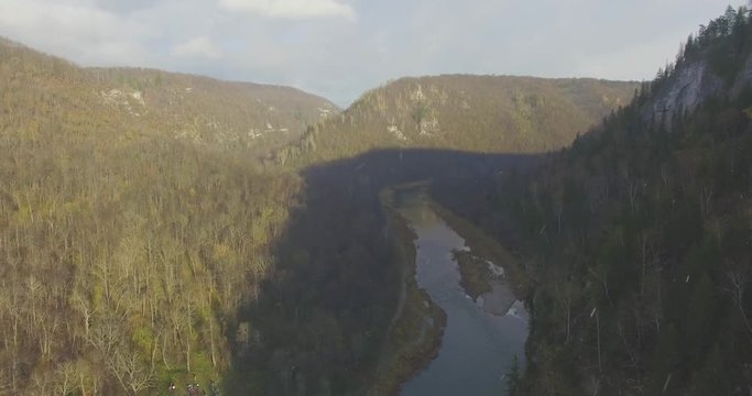 Ural forest, rock, mountain and river. Aerial view