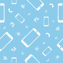 White contours of smartphones on a blue background. Seamless pattern.