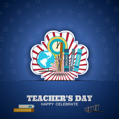Teacher's Day vector poster with label, shadow and blue paper ribbon on the gradient blue background with pattern from stars.