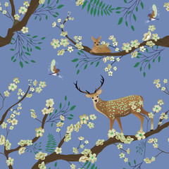 Seamless background of Sakura blossom or Japanese flowering. Flying birds and Sika deer staing on tree brunch. Traditional Asian retro nature pattern. Vector