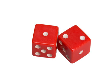 Two dice showing one and two