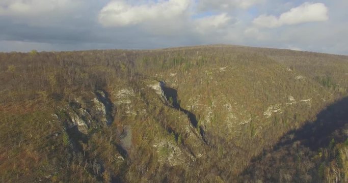 Ural forest, rock, mountain and river. Aerial view