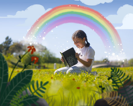 ni&ntilde;a leyendo un libro con arcoiris