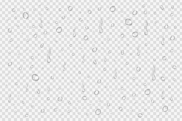 Vector set of realistic water drops on the transparent background.
