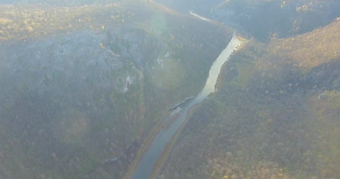 Ural forest, rock, mountain and river. Aerial view