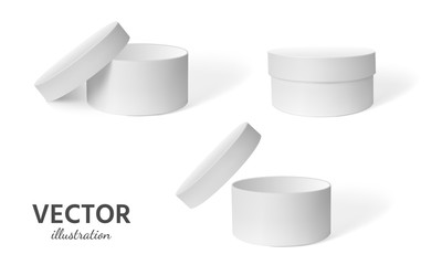 Realistic white, round box with lid, 3D vector illustration.