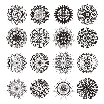 Vector set of isolated floral mandala on white background. Collection of round ornamental rangoli mandala for decoration. Ethnic elements for yoga logo, arabian or indian ornament for coloring.