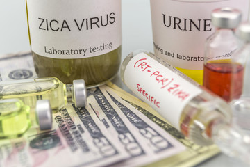 Tests for Research of ZIKA test and vials on tickets of dollar Americans, concept of pharmaceutical copayment