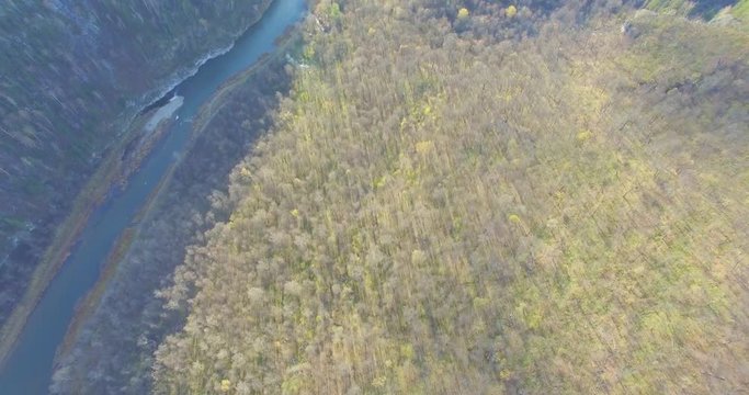 Ural forest, rock, mountain and river. Aerial view