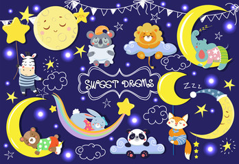 Collection with cute sleeping animals. Moons and stars. Vector illustration