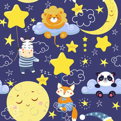 Modèle sans couture avec de mignons animaux endormis et des lunes, des étoiles. Illustration vectorielle