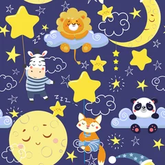 Papier Peint photo Animaux endormis Modèle sans couture avec de mignons animaux endormis et des lunes, des étoiles. Illustration vectorielle