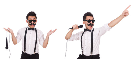 Funny man with mic isolated on white