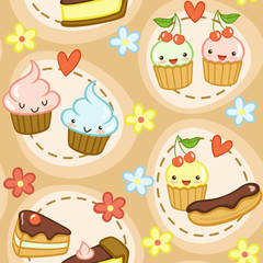 Seamless pattern with cute cupcakes, cakes, flowers and hearts. Vector illustration
