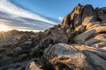 Textured, rocky boulders at sunrise in Alabama Hills, Lone Pine, California