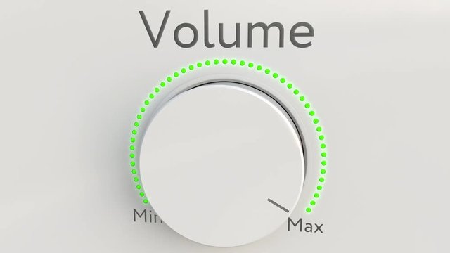 Turning white hi-tech knob with volume inscription from minimum to maximum. Conceptual 4K clip