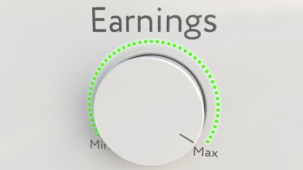 Turning white hi-tech knob with earnings inscription from minimum to maximum. Conceptual 3D rendering