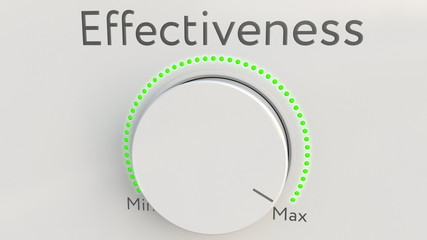 Turning white hi-tech knob with effectiveness inscription from minimum to maximum. Conceptual 3D rendering