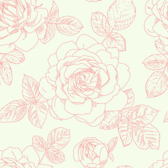 Floral seamless pattern. Beautiful roses background. Retro style contour drawn illustration. Design may be used for wallpaper, textile, wrapping paper, invitation and greeting cards.