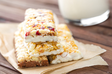 Delicious granola bars with oat, honey and yogurt, healthy food for breakfast. Homemade cereal...