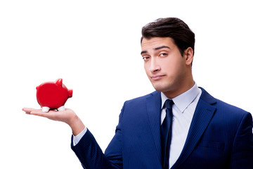 Handsome man with piggybank isolated on white