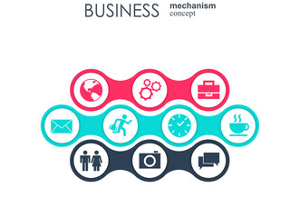 Business mechanism concept. Abstract background with connected gears and icons for strategy, service, analytics, research, seo, digital marketing, communicate concepts. Vector infographic illustration