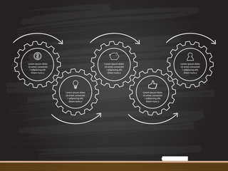 Chalk hand drawing with 5 steps business infographics timeline in gears shape. Vector illustration.