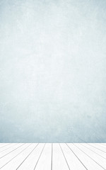 Perspective white wood over blue cement wall background, room, table, interior design, product display montage, vintage style