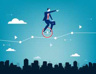 Businessman balancing on unicycle and drive through business chart. Concept business success illustration. Vector business. © zenzen