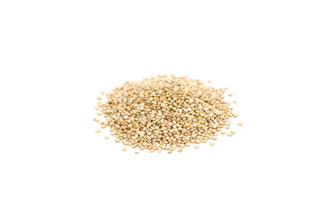 Heap of healthy quinoa seeds isolated on white