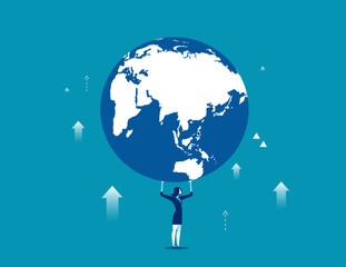 A businesswoman is holding up globe. Concept business illustration. Vector business metaphor flat.