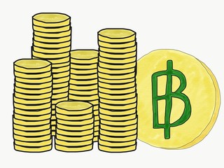 Abstract hand draw doodle stack of thai baht money coins logo isolate, illustration, copy space for text, watercolor paint style, children cartoon book style