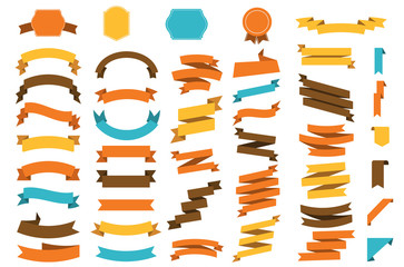 Ribbon vector icon set on white background. Banner isolated shapes illustration of gift and accessory. Christmas sticker and decoration for app and web. Label, badge and borders collection.