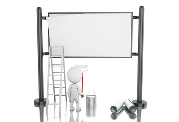 3d White people painting blank street advertising billboard