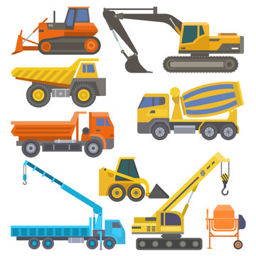 Construction equipment and machinery with trucks crane bulldozer flat yellow transport vector illustration