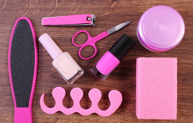 Naklejka premium Cosmetics and accessories for manicure or pedicure, concept of foot, hand and nail care