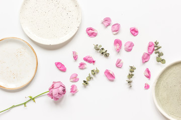 woman table with rose flower top view white background space for text