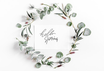 Fototapeta na wymiar Floral pattern with green leaves on white background top view mockup