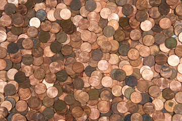 Flat view pennies. United States currency penny, many old new dirty clean viewed from directly...