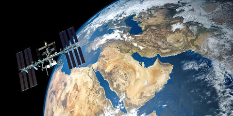 Extremely detailed and realistic high resolution 3D image of ISS - international space station orbiting Earth. Shot from outer space. Elements of this image are furnished by NASA.