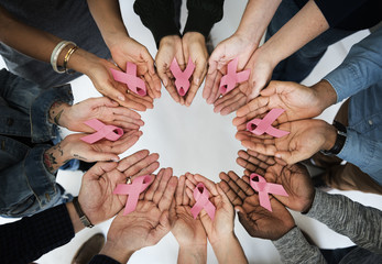 Hands Show Pink Ribbon Breast Cancer Awareness - obrazy, fototapety, plakaty